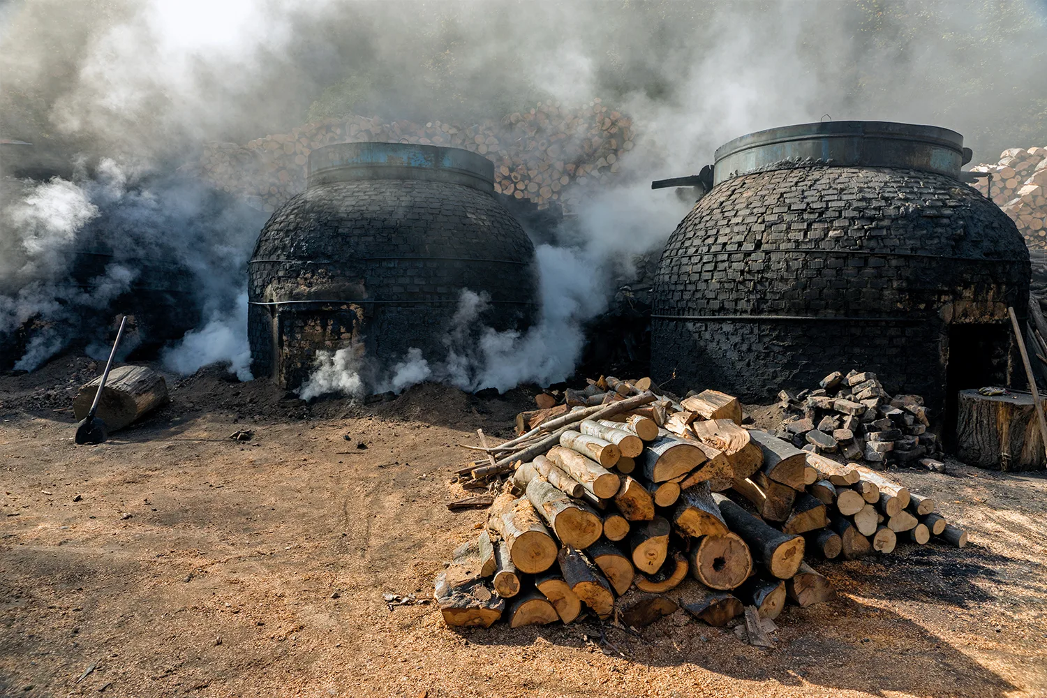 Traditional earth kilns producing charcoal billow thick smoke beside a pile of cut logs.